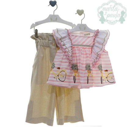 Conjunto blusa bicicletas y pantalon largo lino beig "Hamlet" - PARDALETS