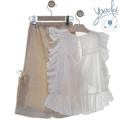 Conjunto blusa blanco roto plumeti y pantalón largo lino "Egipto" - PARDALETS