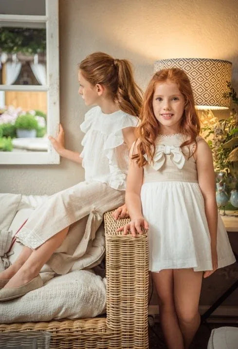Conjunto blusa blanco roto plumeti y pantalón largo lino "Egipto" - PARDALETS