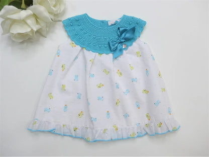 Vestido cuerpo punto turquesa y faldita estampado pollitos - PARDALETS