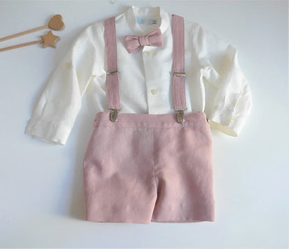 Conjunto camisa, short rosa empolvado, tirantes y pajarita - PARDALETS