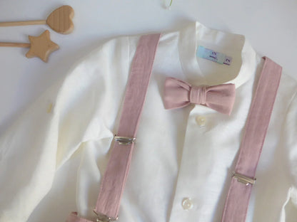 Conjunto camisa, short rosa empolvado, tirantes y pajarita - PARDALETS