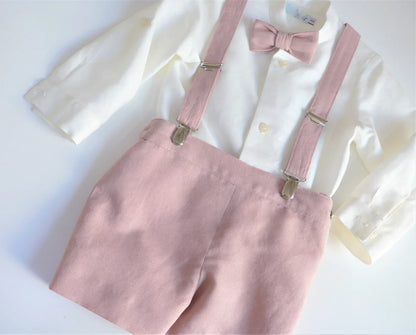 Conjunto camisa, short rosa empolvado, tirantes y pajarita - PARDALETS