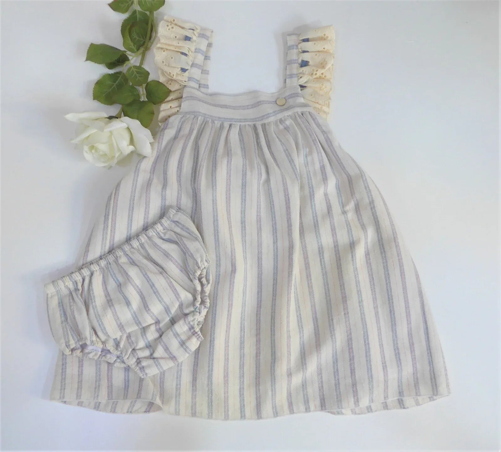 Vestido beig con rayas azules y braguita - PARDALETS