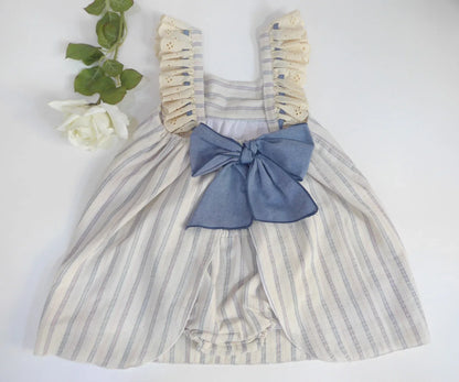 Vestido beig con rayas azules y braguita - PARDALETS