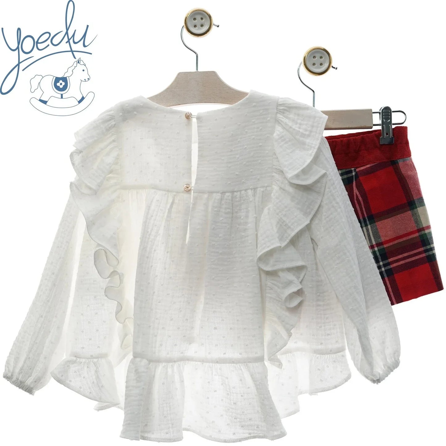 Conjunto blusa blanca y short cuadros rojos "Noel" - PARDALETS