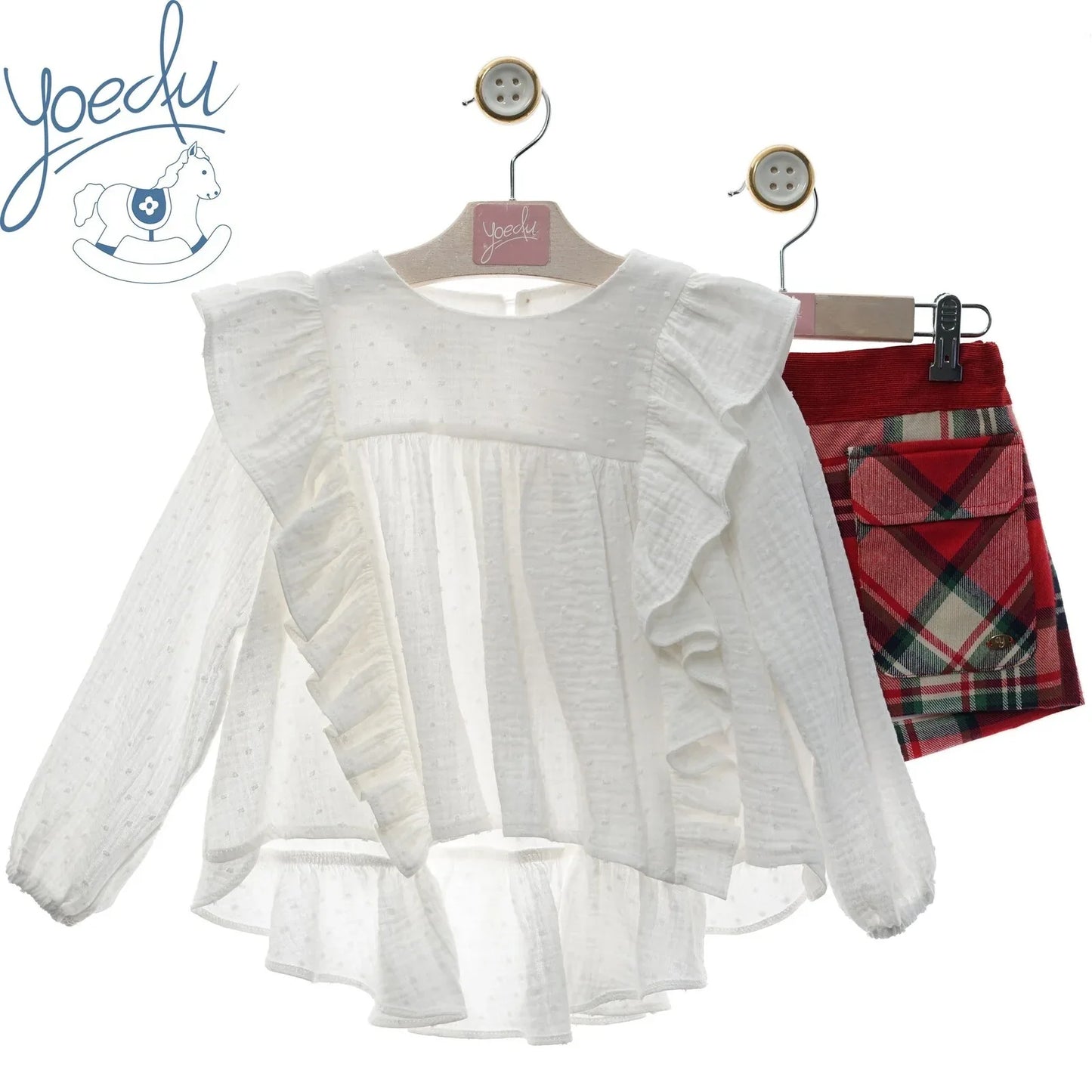 Conjunto blusa blanca y short cuadros rojos "Noel" - PARDALETS