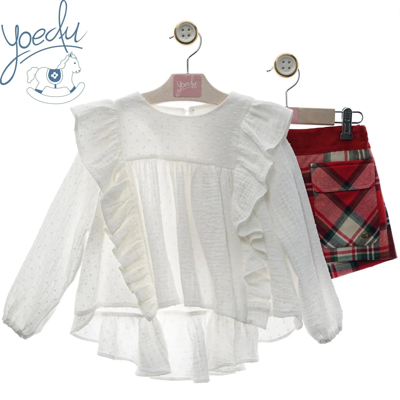 Conjunto blusa blanca y short cuadros rojos "Noel" - PARDALETS