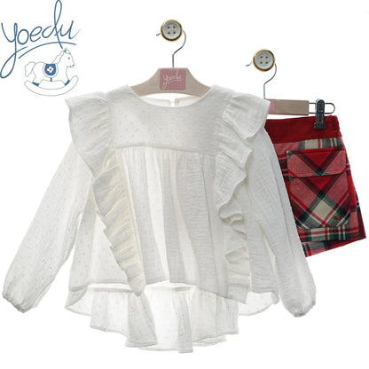 Conjunto blusa blanca y short cuadros rojos "Noel" - PARDALETS