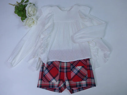 Conjunto blusa blanca y short cuadros rojos "Noel" - PARDALETS