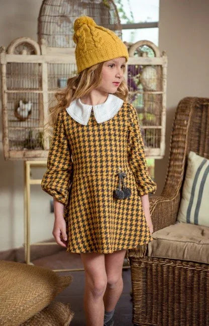 Vestido caramelo con pata de gallo gris "Aspen" - PARDALETS