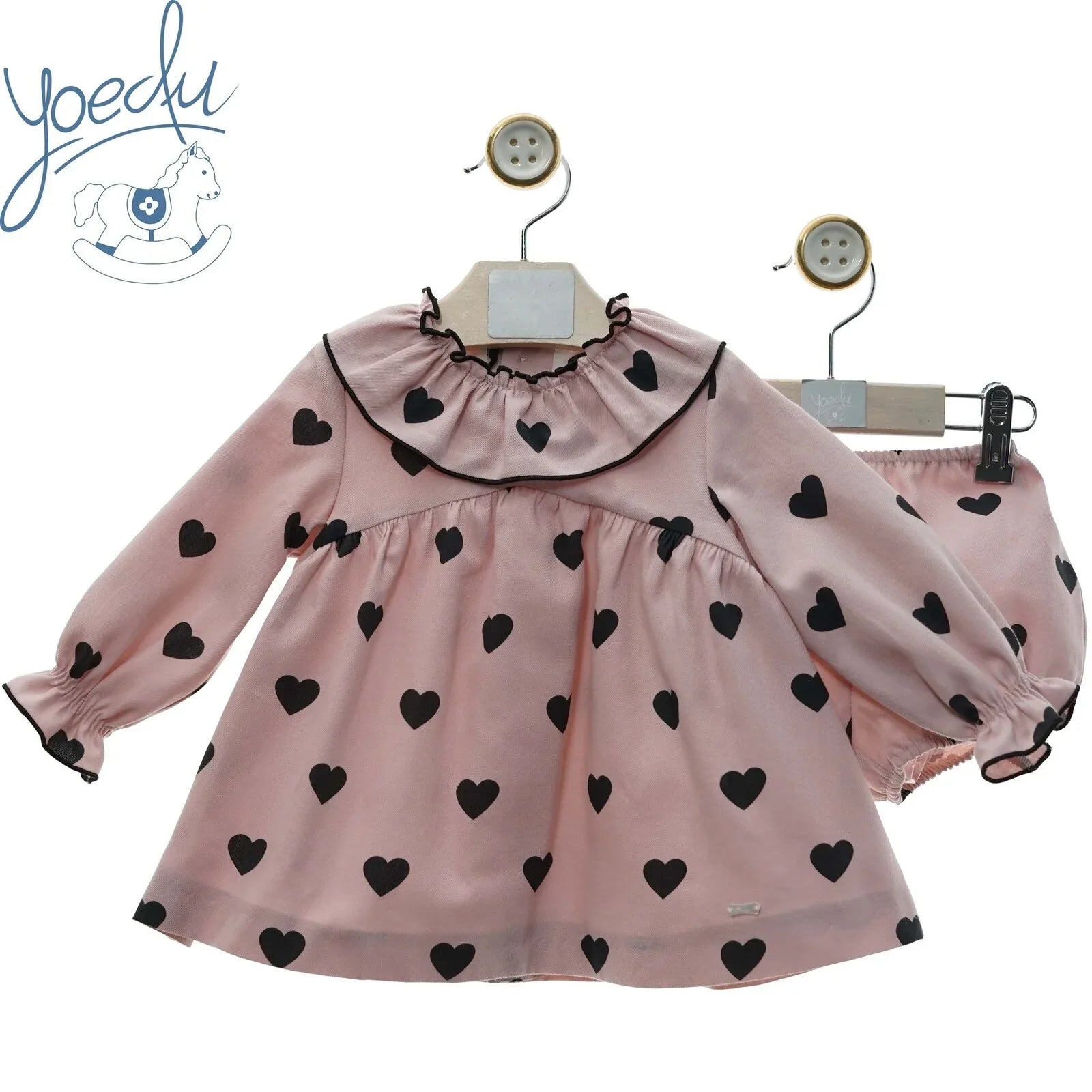 Vestido rosa empolvado con corazones negros y pololo "Estela" - PARDALETS