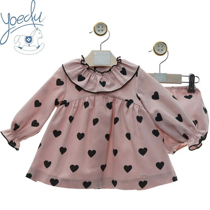 Vestido rosa empolvado con corazones negros y pololo "Estela" - PARDALETS