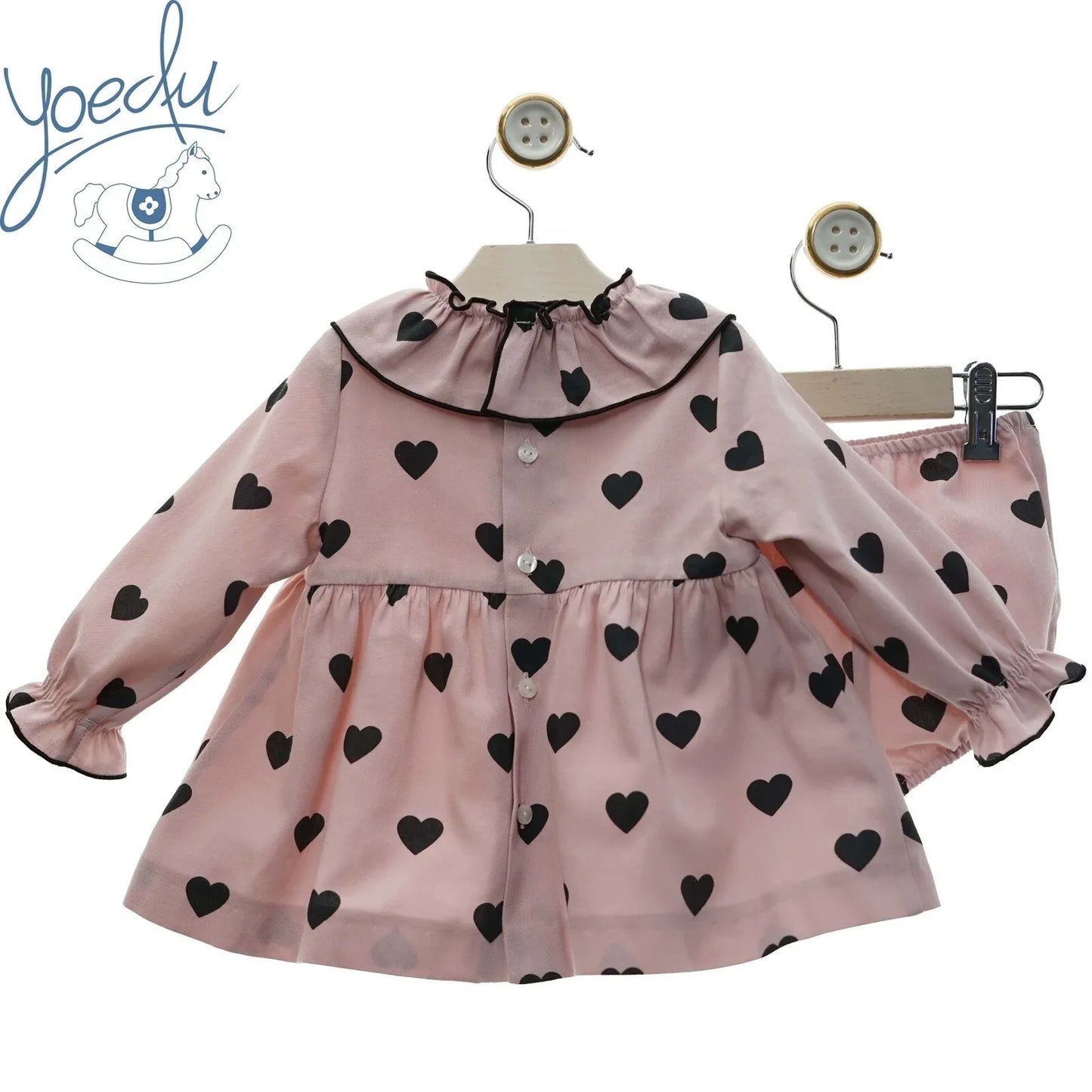 Vestido rosa empolvado con corazones negros y pololo "Estela" - PARDALETS