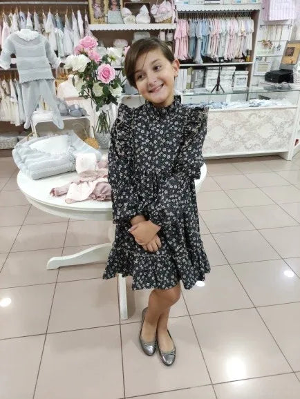 Vestido flores negro con flores marrones y volante - PARDALETS