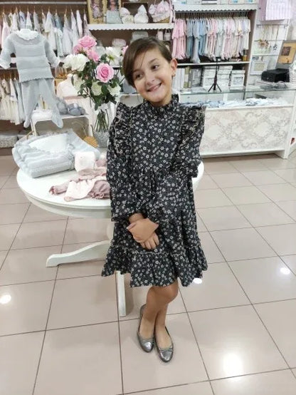 Vestido flores negro con flores marrones y volante - PARDALETS