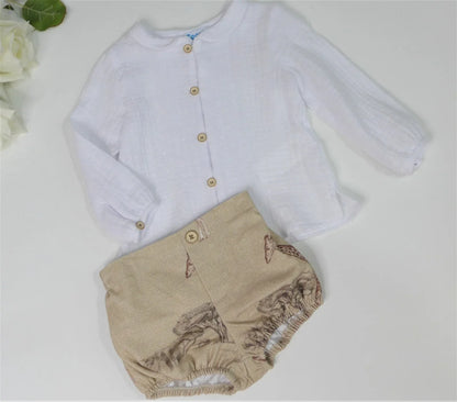 Conjunto rana con estampado de jirafas y camisa blanca - PARDALETS