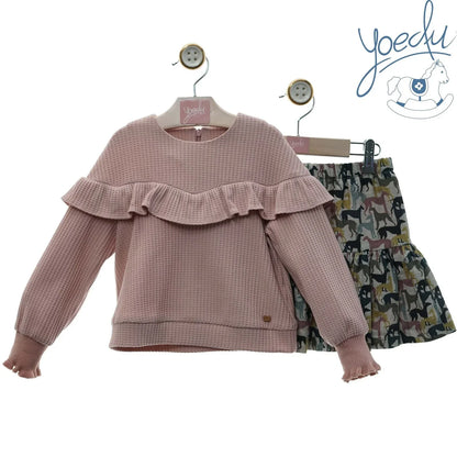 Sudadera rosa empolvado y falda perritos "Elsa" - PARDALETS