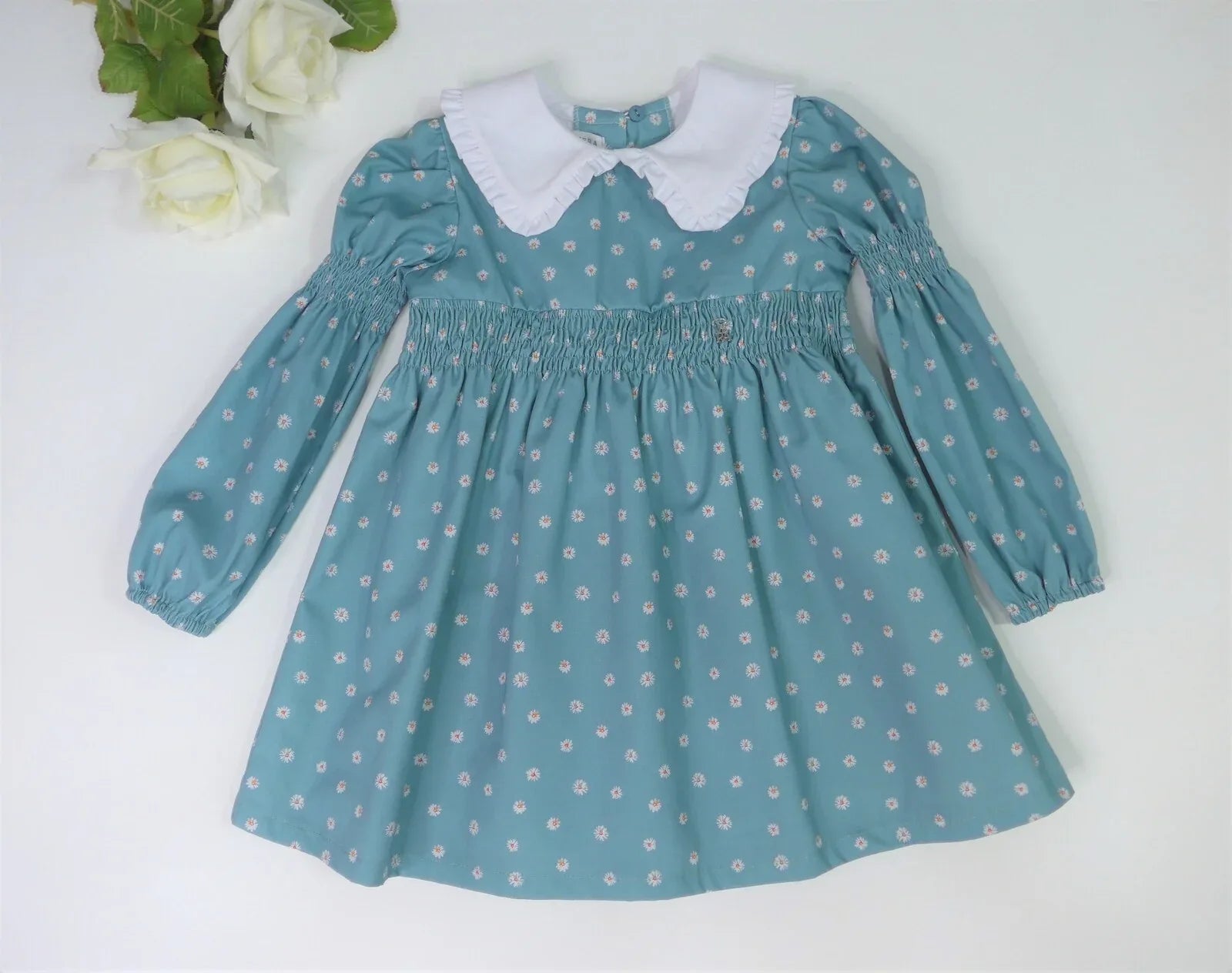 Vestido verde estampado flores cuello blanco - PARDALETS