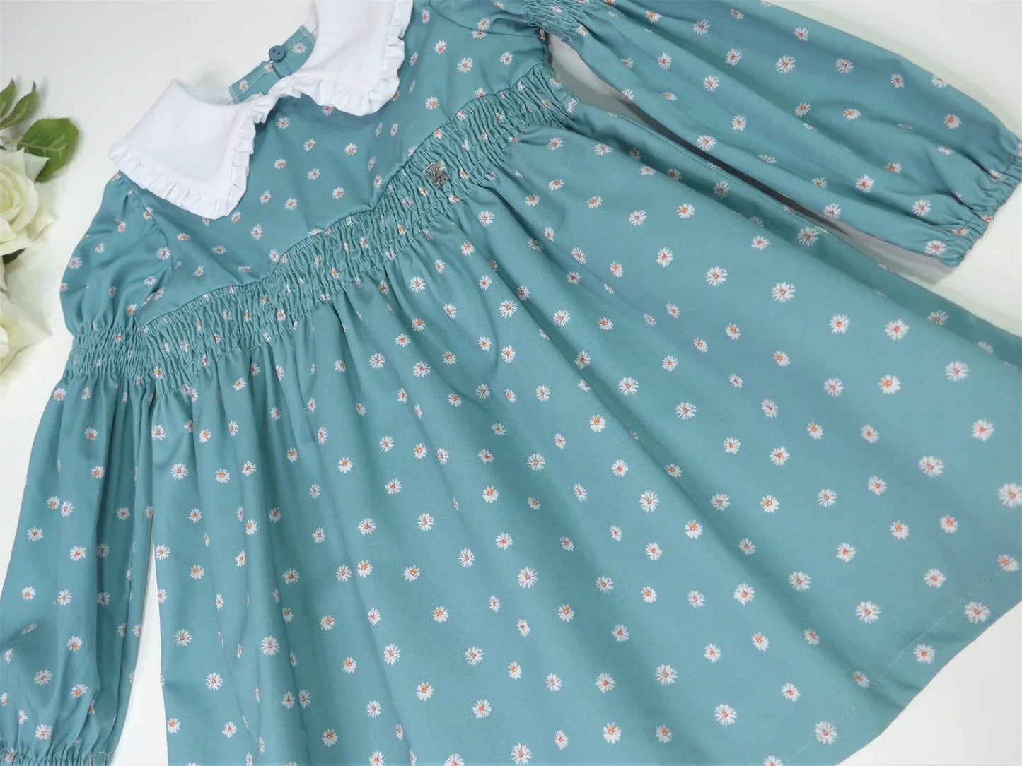 Vestido verde estampado flores cuello blanco - PARDALETS