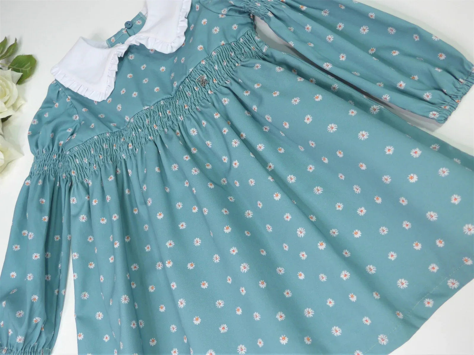 Vestido verde estampado flores cuello blanco - PARDALETS