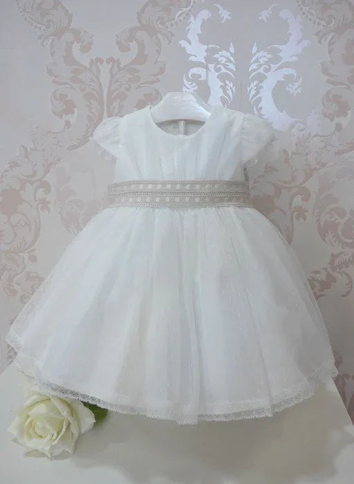 Vestido tul de plumeti blanco y fajin lino tostado - PARDALETS