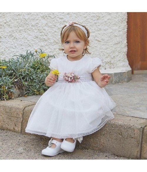 Vestido tul de plumeti blanco y fajin lino tostado - PARDALETS
