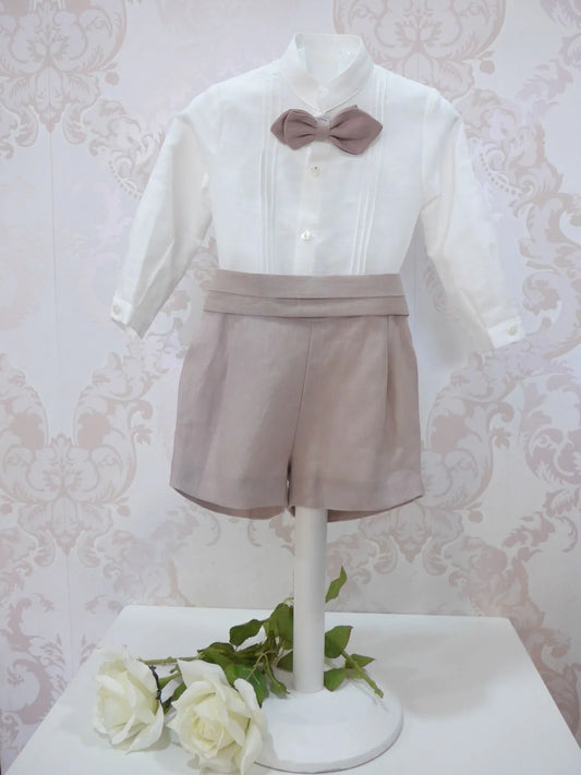 Conjunto camisa lino beig, short rosa empolvado, fajin y pajarita - PARDALETS