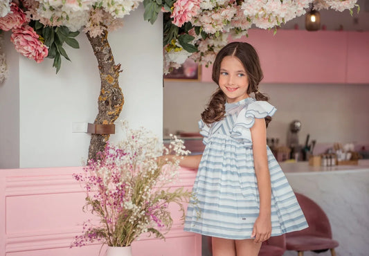 Vestido de rayas azul celeste mangas volante "Ukelele" - PARDALETS