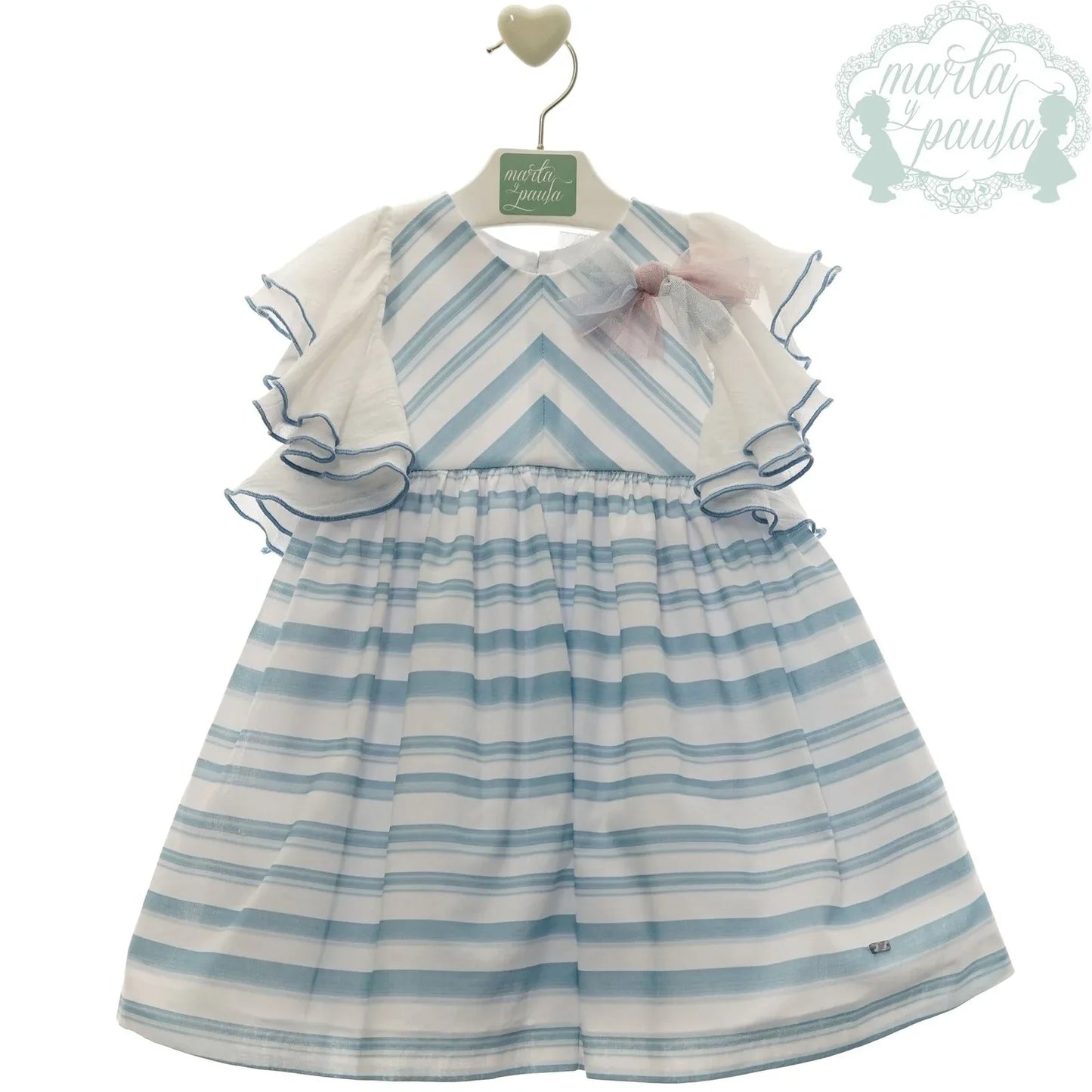 Vestido de rayas azul celeste mangas volante "Ukelele" - PARDALETS