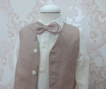 Conjunto camisa lino beig, short, fajín chaleco y pajarita rosa maquillaje - PARDALETS