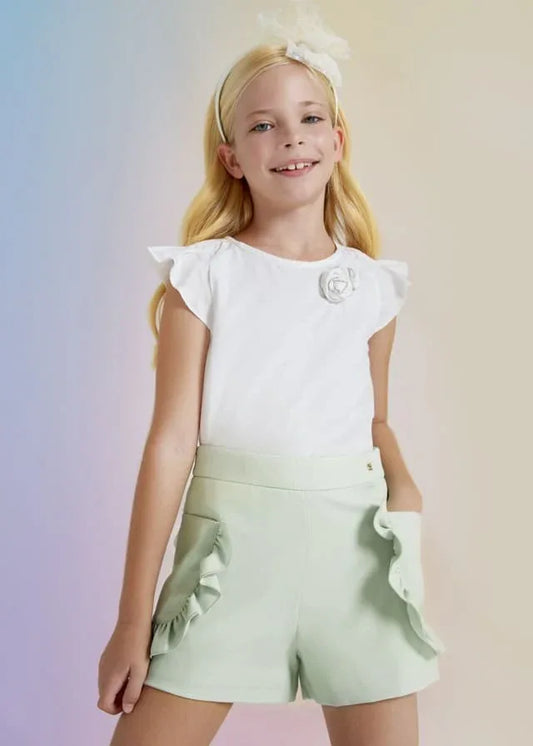 Bermuda crepe verde bolsillos con volante - PARDALETS