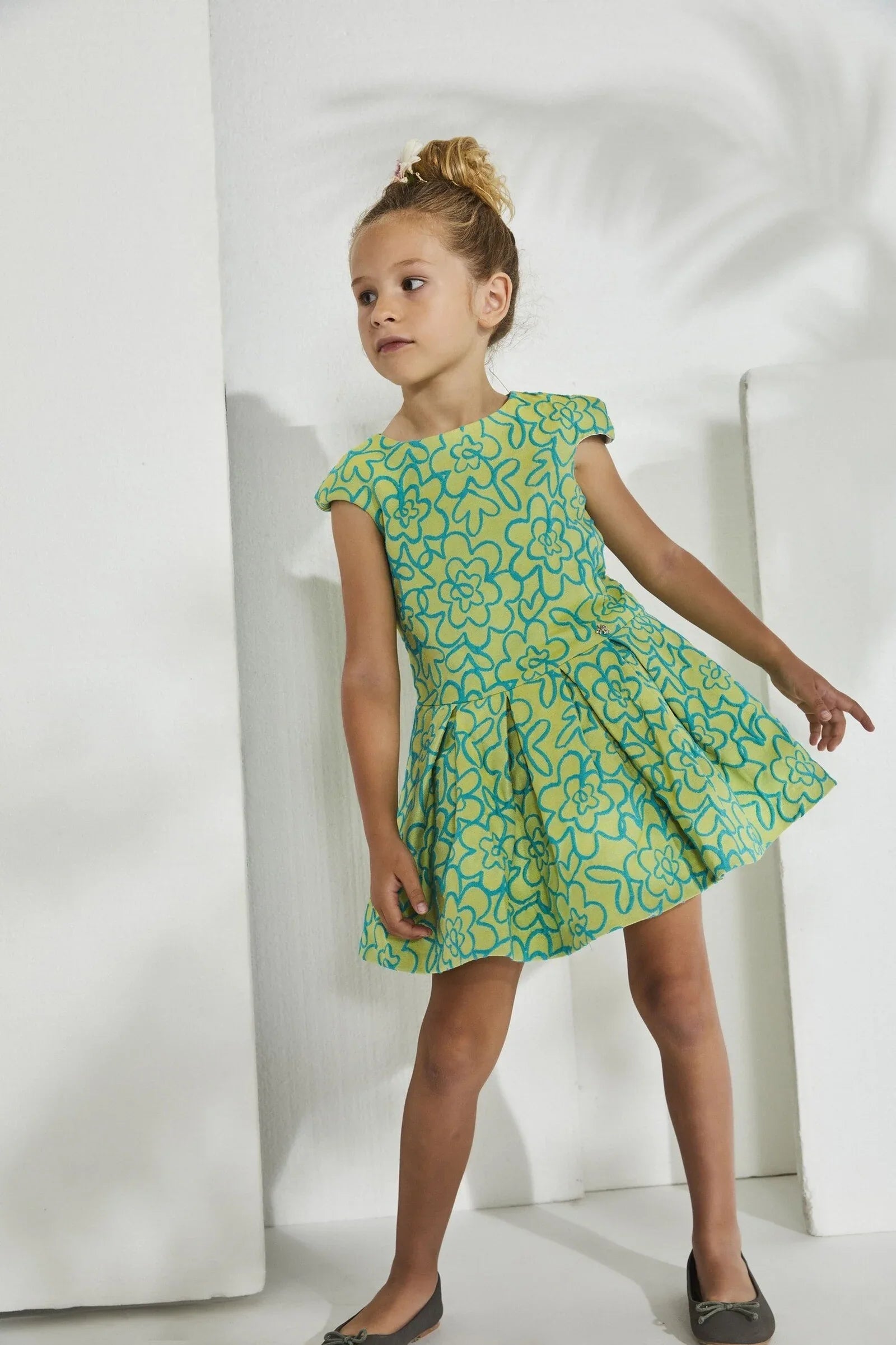 Vestido jacquard verde tableado - PARDALETS