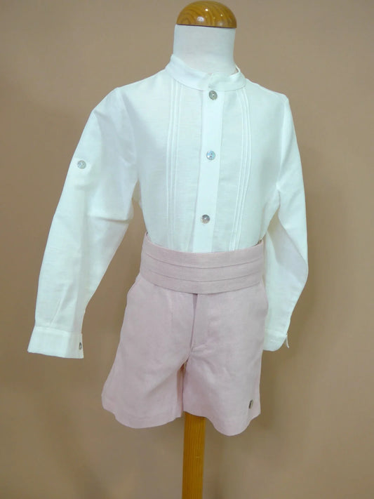 Conjunto camisa beig, short y fajín rosa - PARDALETS
