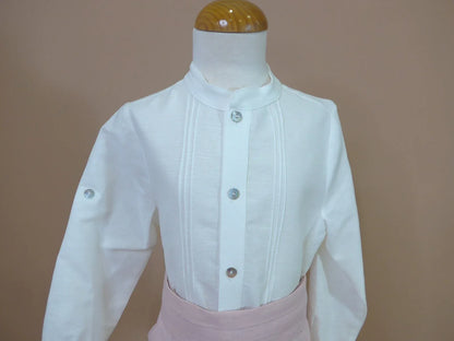 Conjunto camisa beig, short y fajín rosa - PARDALETS