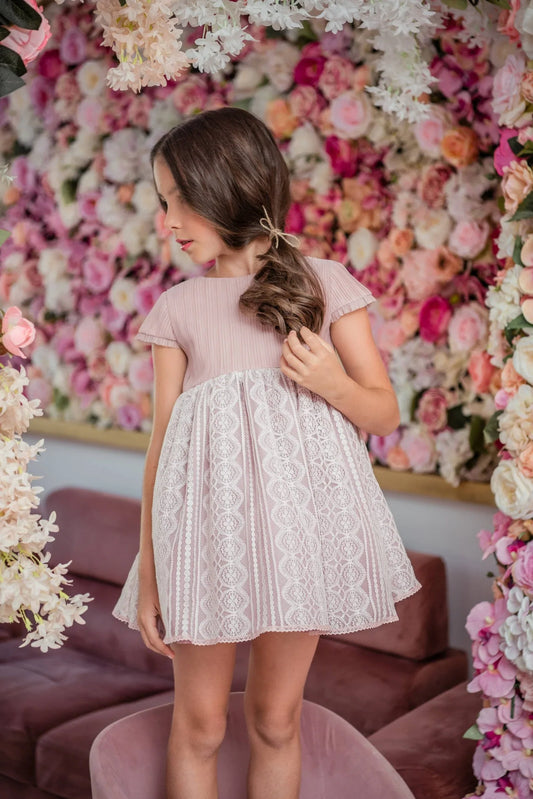 Vestido tul rosa empolvado y encaje "Armonica" - PARDALETS
