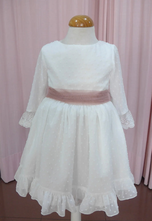 Vestido plumeti gasa blanca y fajin rosa empolvado GAIA - PARDALETS