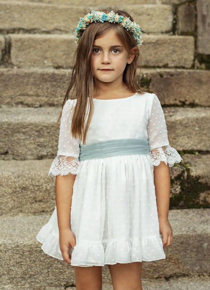 Vestido plumeti gasa blanca y fajin rosa empolvado GAIA - PARDALETS