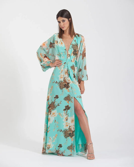Vestido largo gasa estampada verde agua - PARDALETS