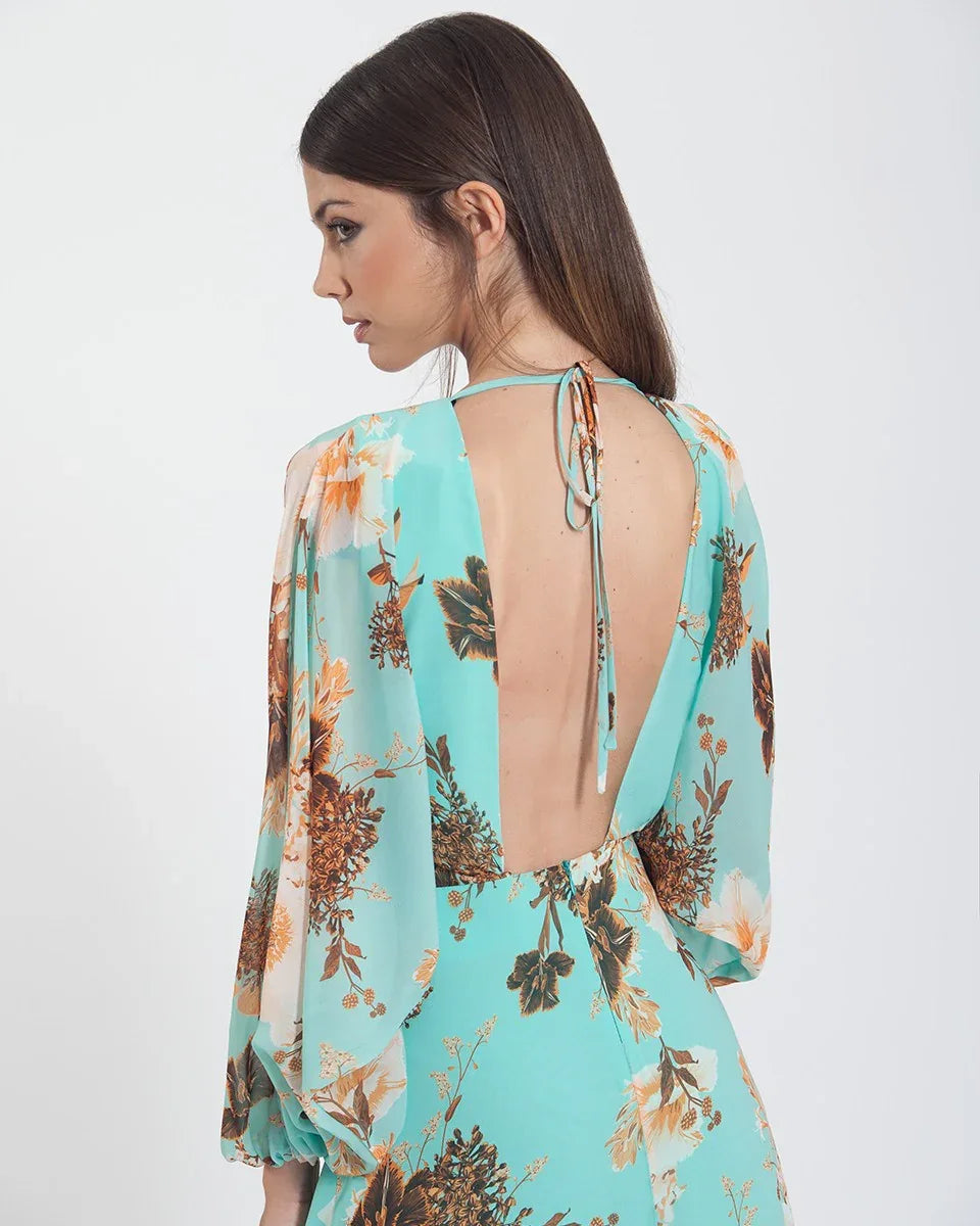 Vestido largo gasa estampada verde agua - PARDALETS