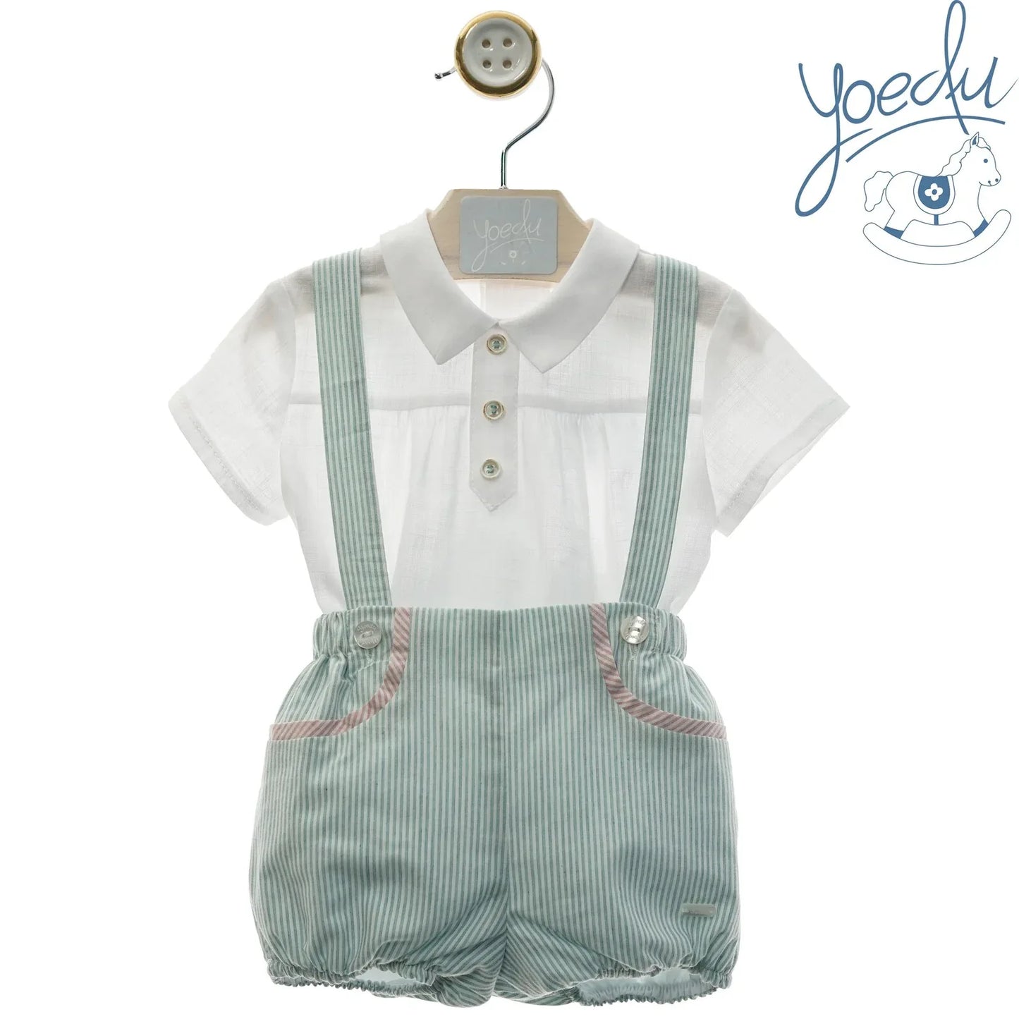 Peto tirantes rayita verde y camisa "Camila" - PARDALETS