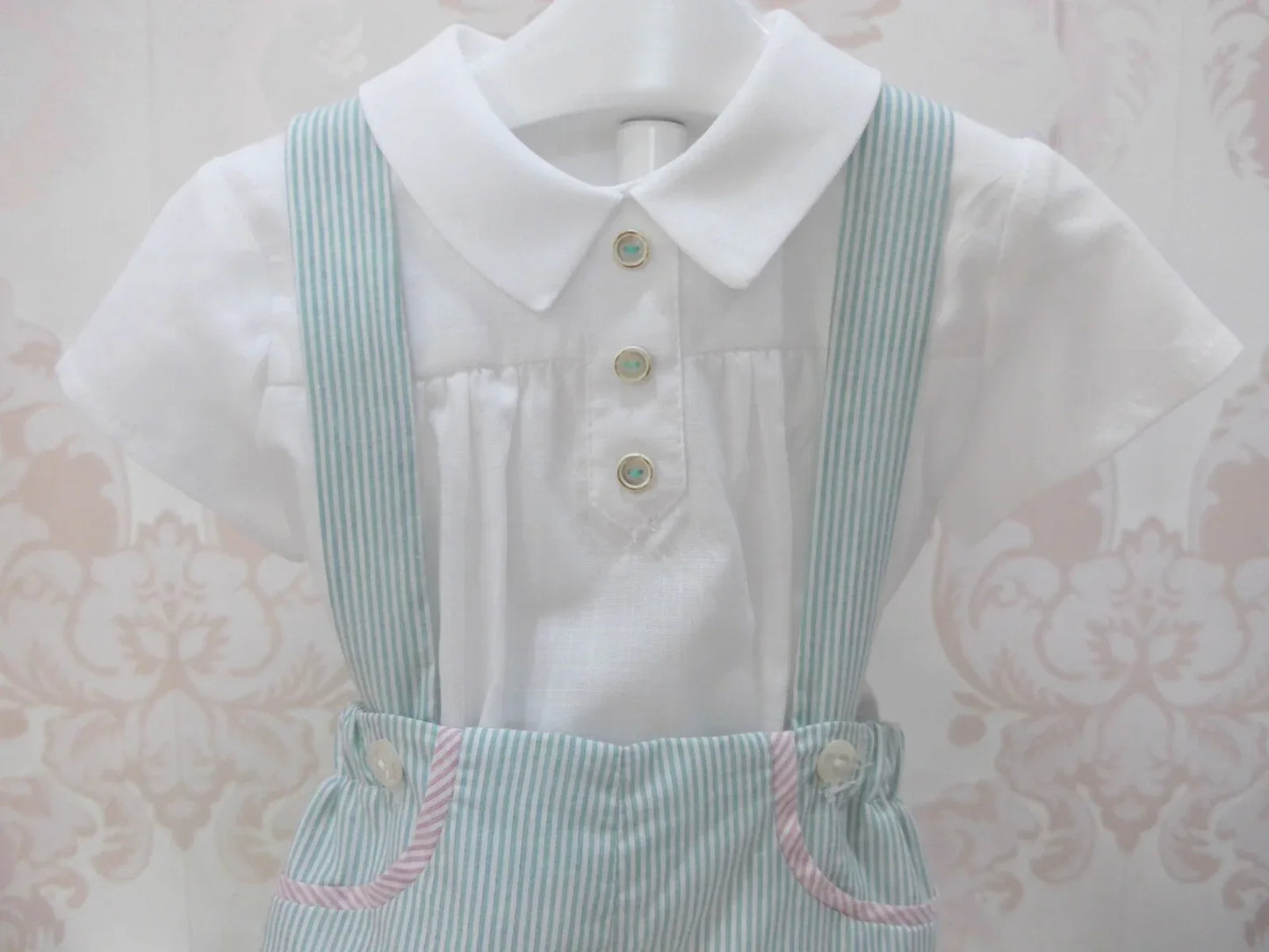 Peto tirantes rayita verde y camisa "Camila" - PARDALETS