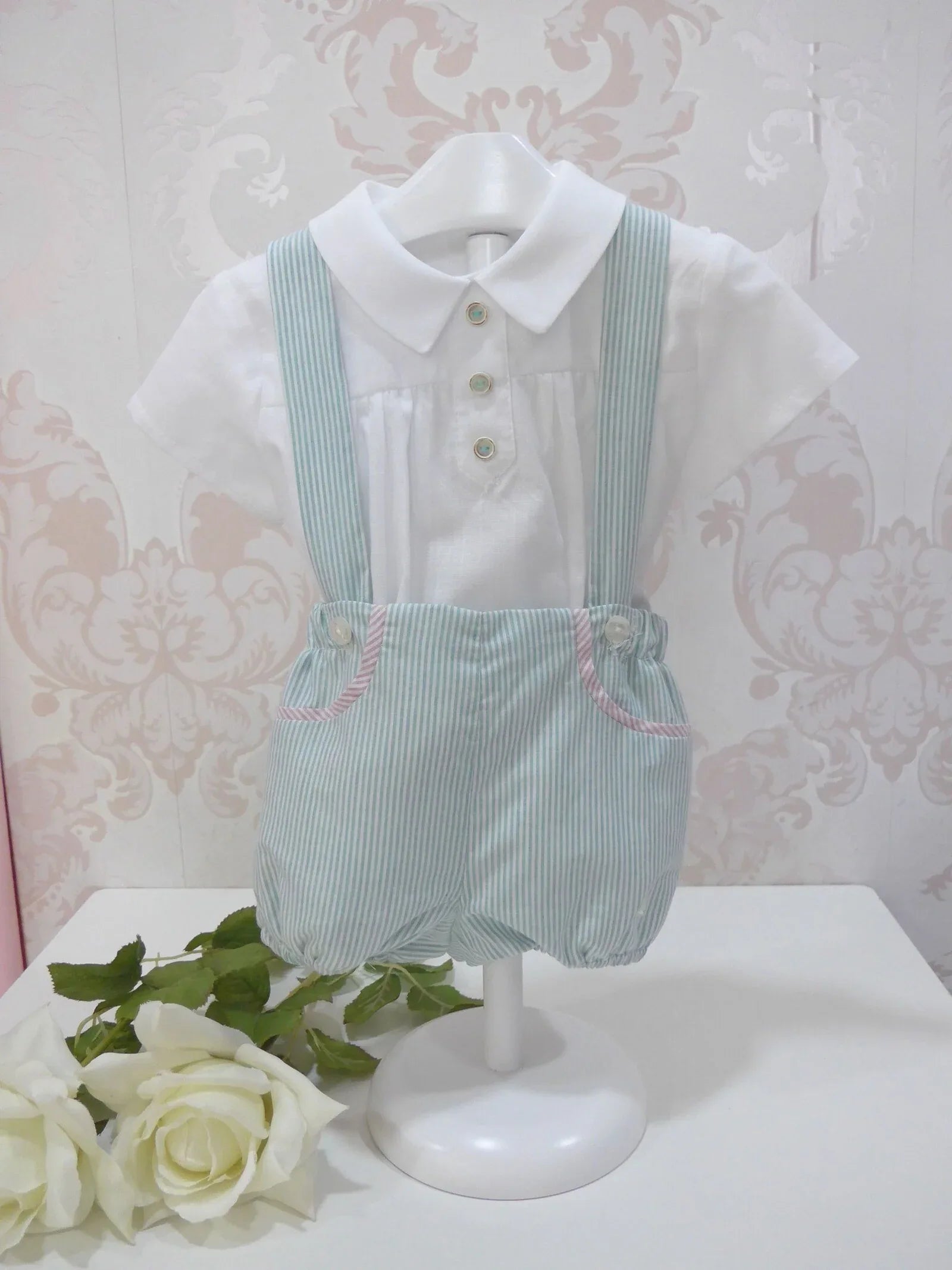 Peto tirantes rayita verde y camisa "Camila" - PARDALETS