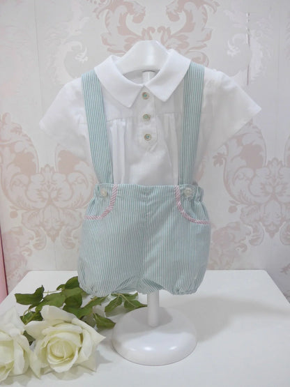 Peto tirantes rayita verde y camisa "Camila" - PARDALETS