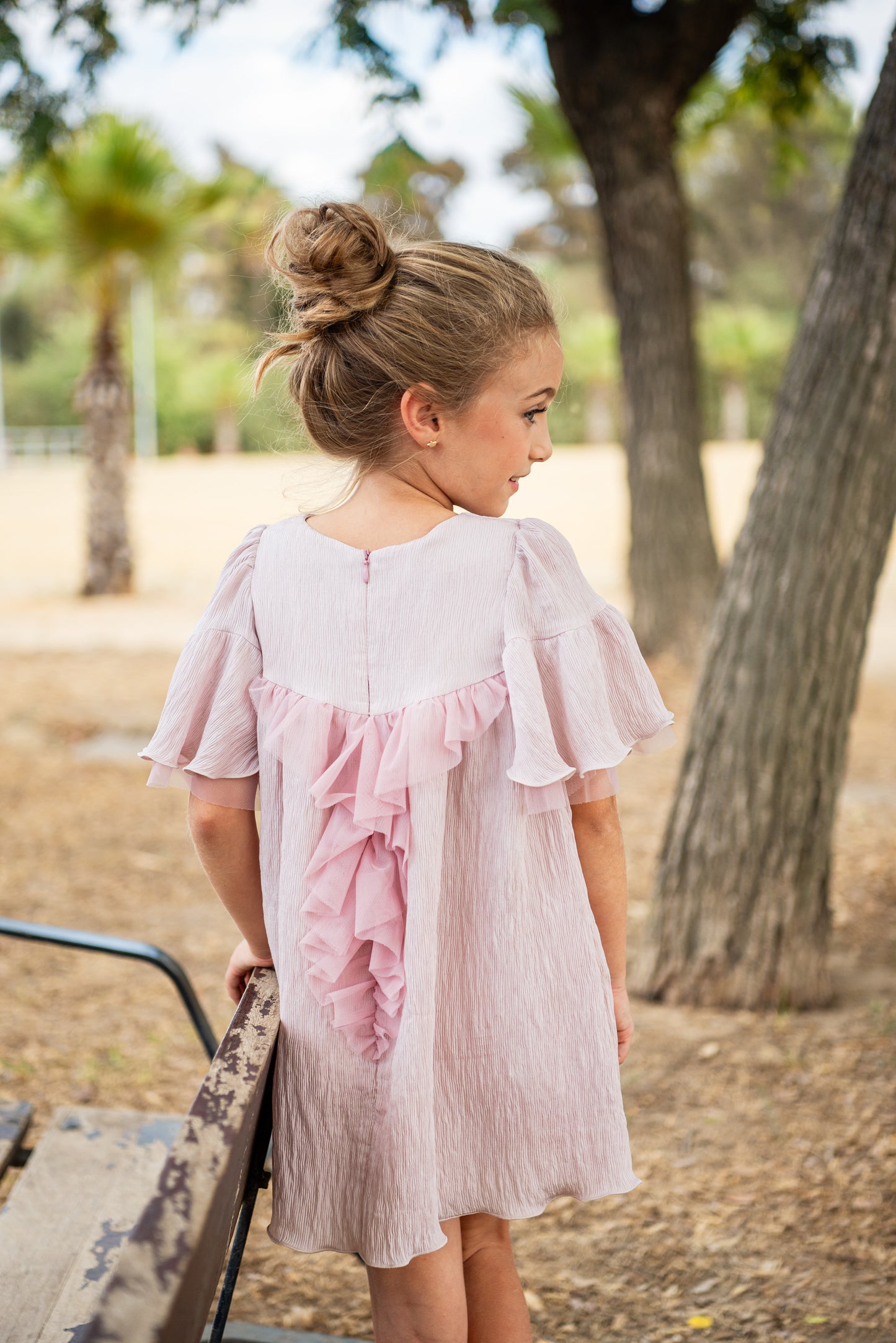 Vestido gasa plisada rosa empolvado "Geisha"