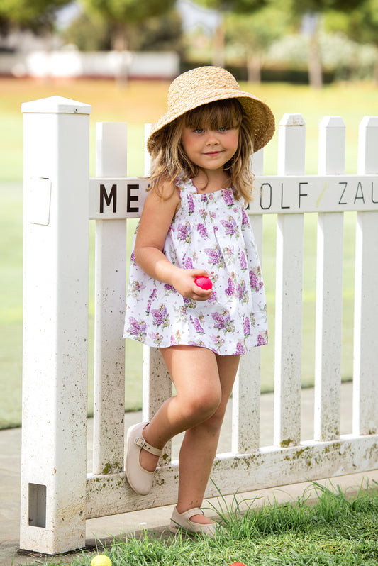 Vestido con braguita haditas y flores malvas "Artesania"