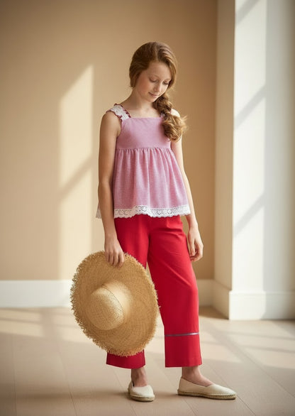 Conjunto camisa vichy y pantalón palazzo rojo "Faros"
