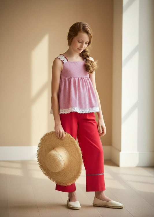 Conjunto camisa vichy y pantalón palazzo rojo "Faros"