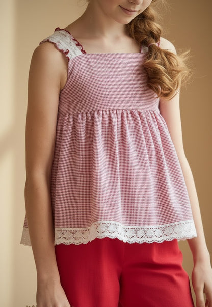 Conjunto camisa vichy y pantalón palazzo rojo "Faros"