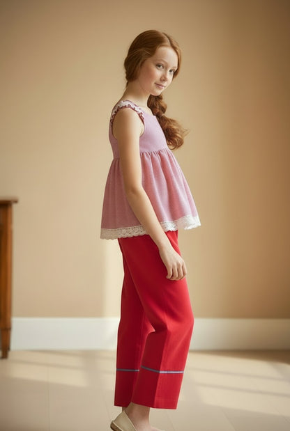 Conjunto camisa vichy y pantalón palazzo rojo "Faros"